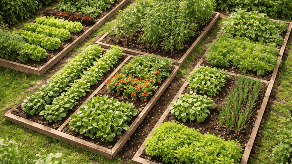 ferns and hostas growing in a shaded garden corner under tree cover showing shade-tolerant plants in their ideal conditions