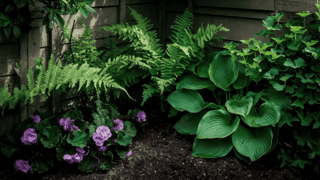 ferns hostas and begonias growing together in a shaded garden corner away from direct sunlight to prevent leaf scorch and stress