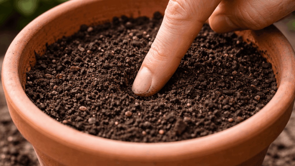 finger pressed into dark soil in a terracotta pot to test moisture level before watering to avoid overwatering plants