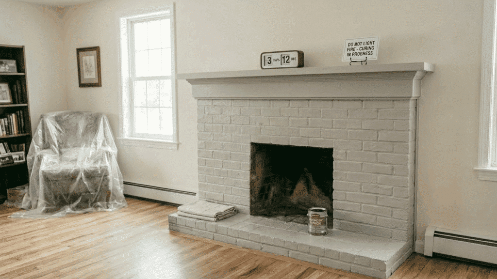 finished painted brick fireplace with clean white look.