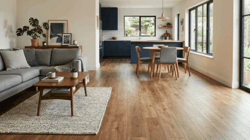 finished vinyl plank flooring in modern living and dining area.