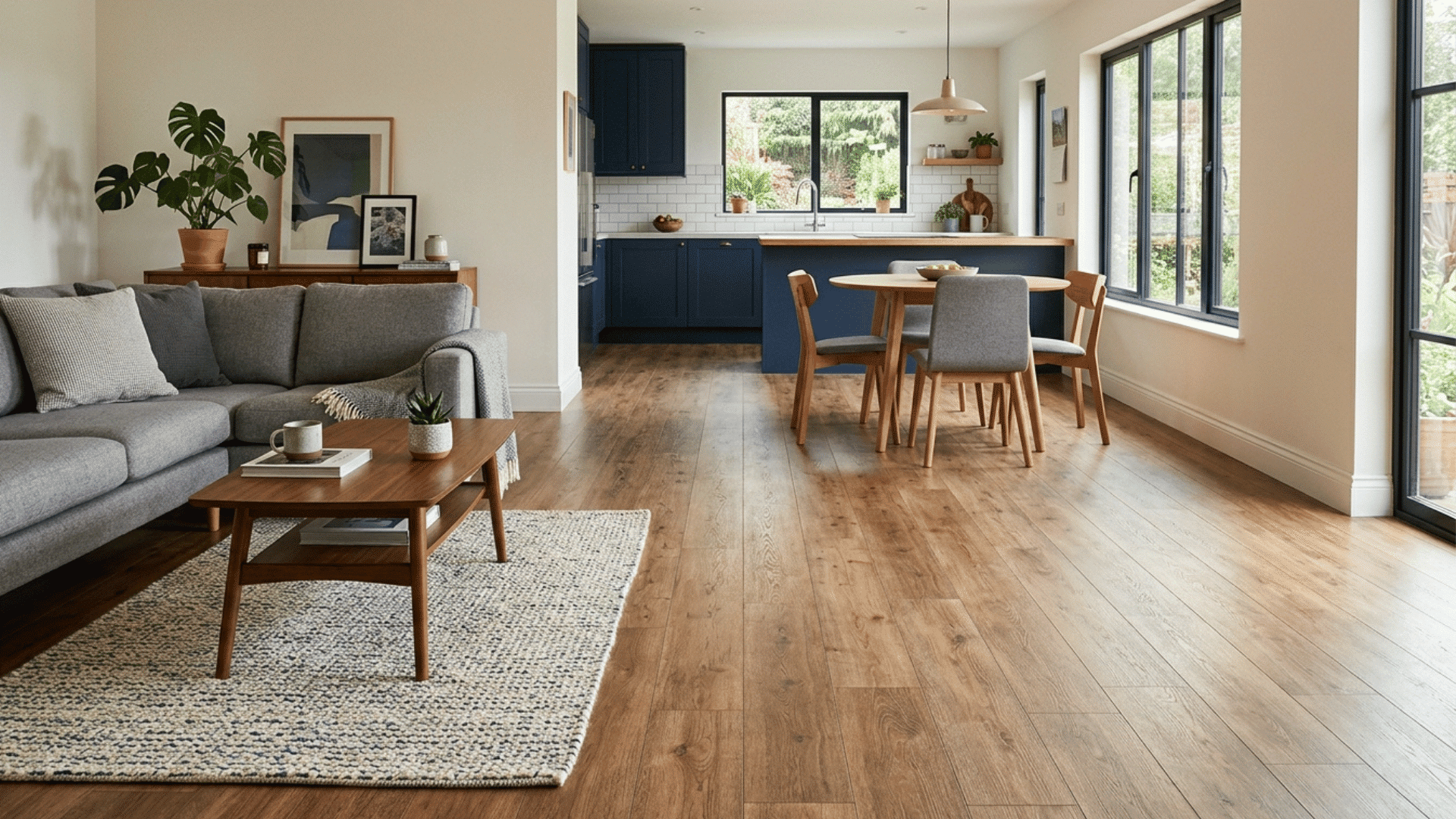 finished vinyl plank flooring in modern living and dining area.