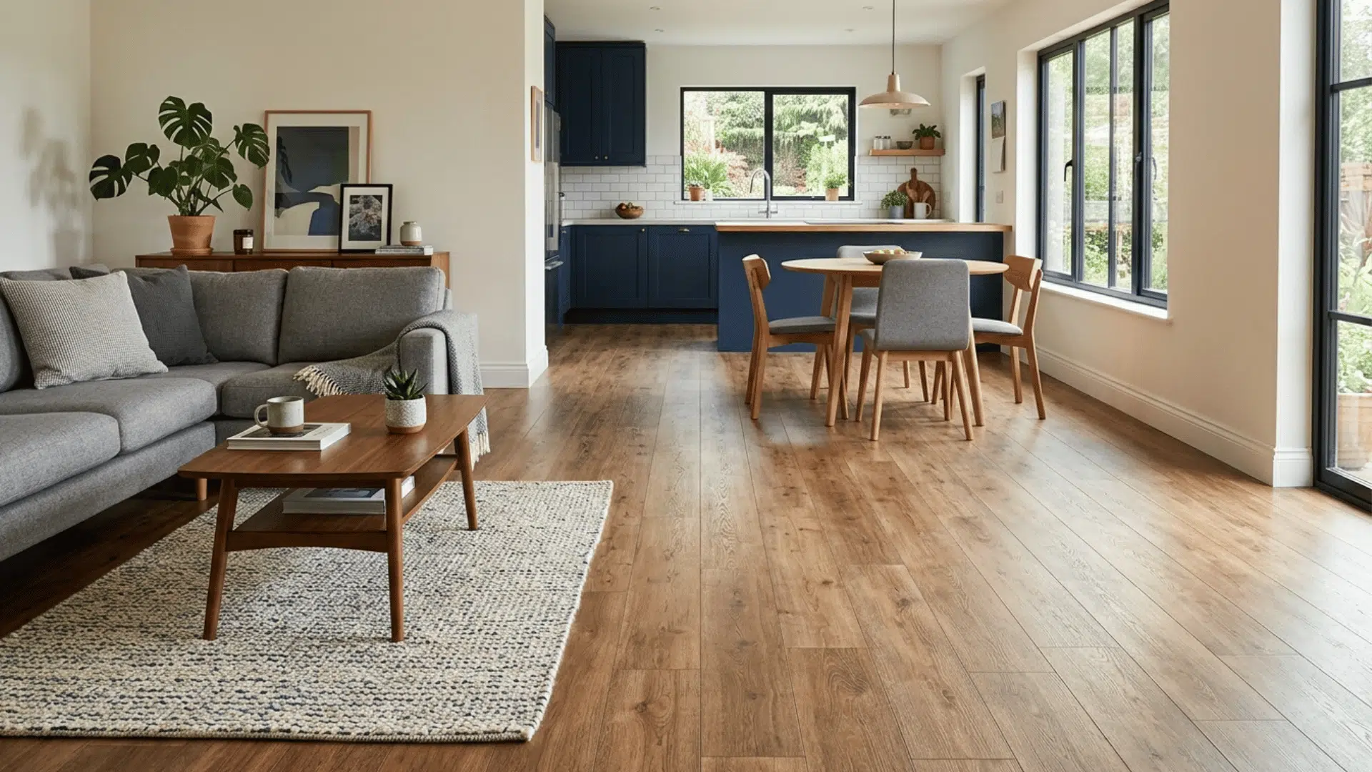 finished vinyl plank flooring in modern living and dining area.