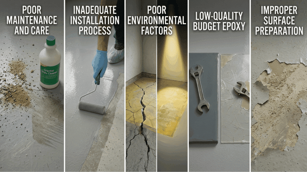 five-panel illustration showing epoxy floor risks poor care, bad install, suncracks, low quality, and peeling