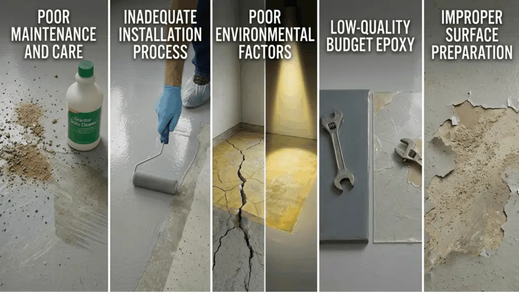 five-panel illustration showing epoxy floor risks poor care, bad install, suncracks, low quality, and peeling