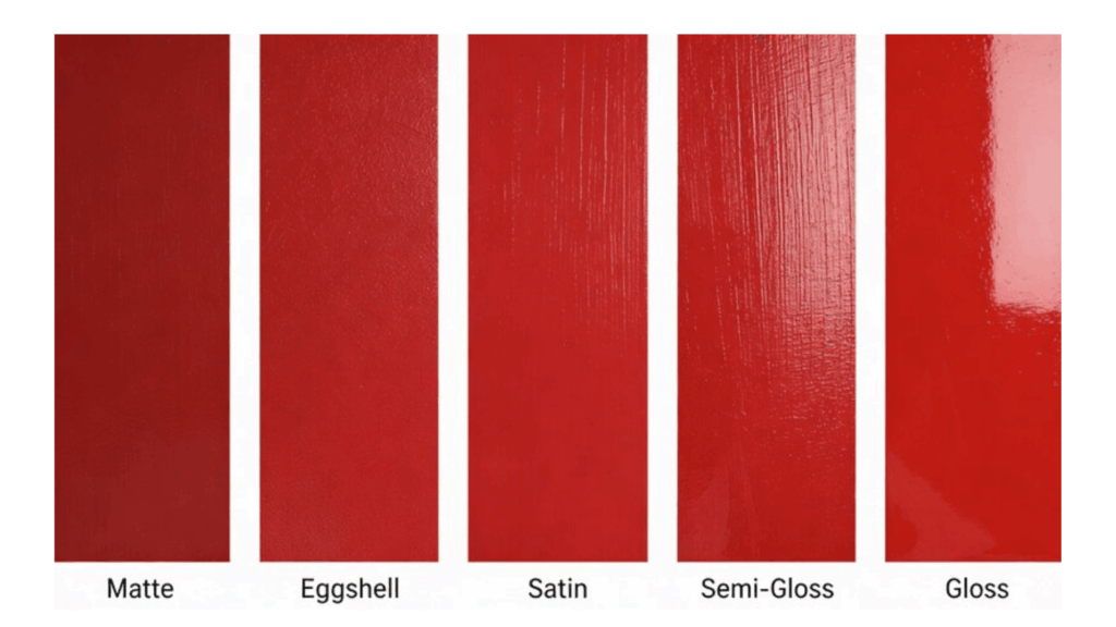 five red swatches labeled satin, matte, eggshell, semi-gloss, gloss arranged horizontally on white studio backdrop
