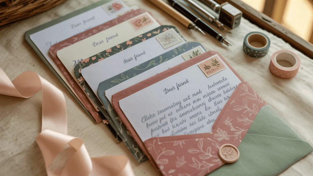 flat lay of a handmade envelope letter set with decorative envelopes, handwritten letters, pens, washi tape, and ribbon arranged on a soft, neutral surface in warm natural light