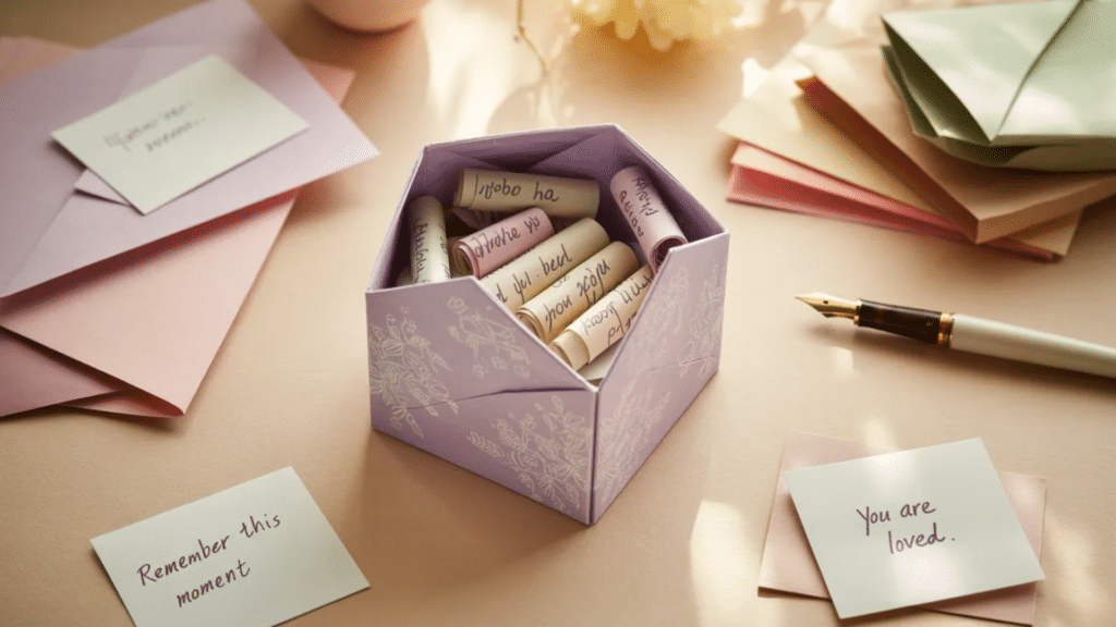 flat lay of a handmade origami memory box filled with rolled handwritten notes, surrounded by pastel paper, folded envelopes, and a pen on a soft, warm-toned surface with gentle natural light