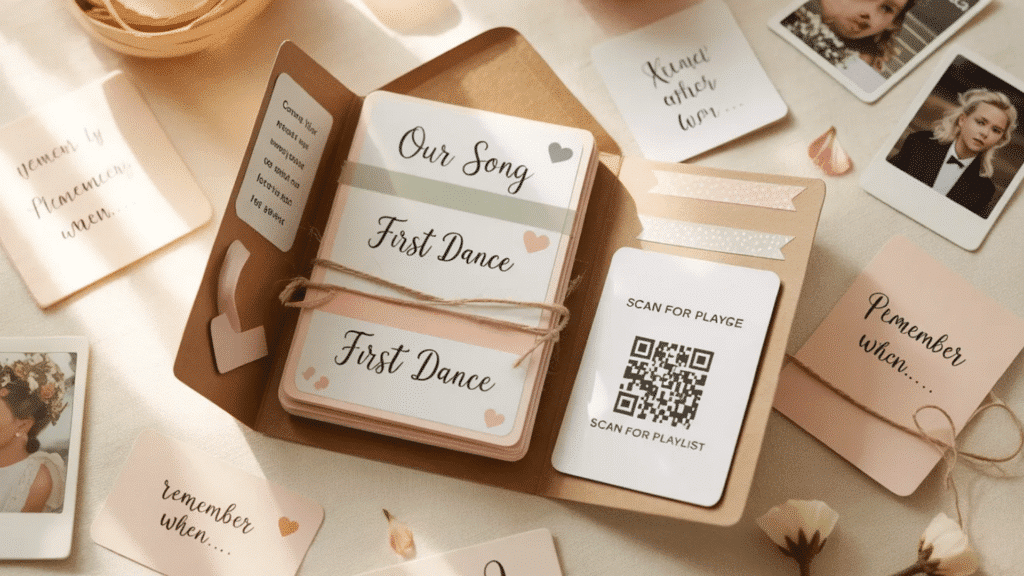 flat lay of a romantic scrapbook-style gift set featuring “Our Song – First Dance” cards, a QR code playlist card, handwritten notes, and small photos arranged on a soft beige surface