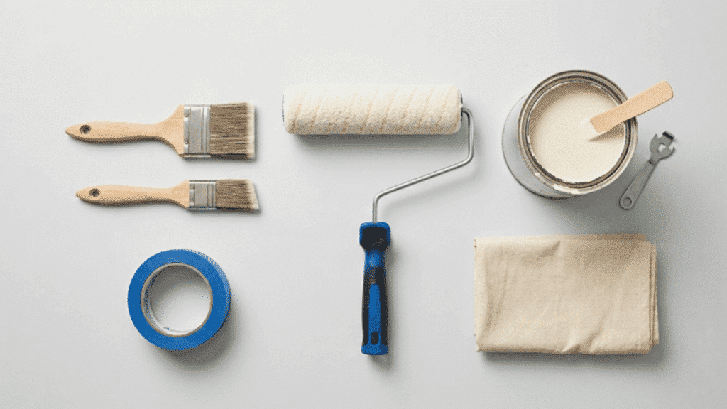 flat lay of paint roller brushes tape paint can and cloth on white background