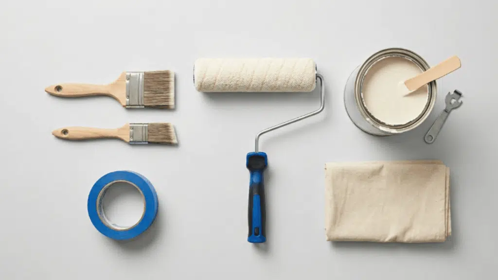 flat lay of paint roller brushes tape paint can and cloth on white background