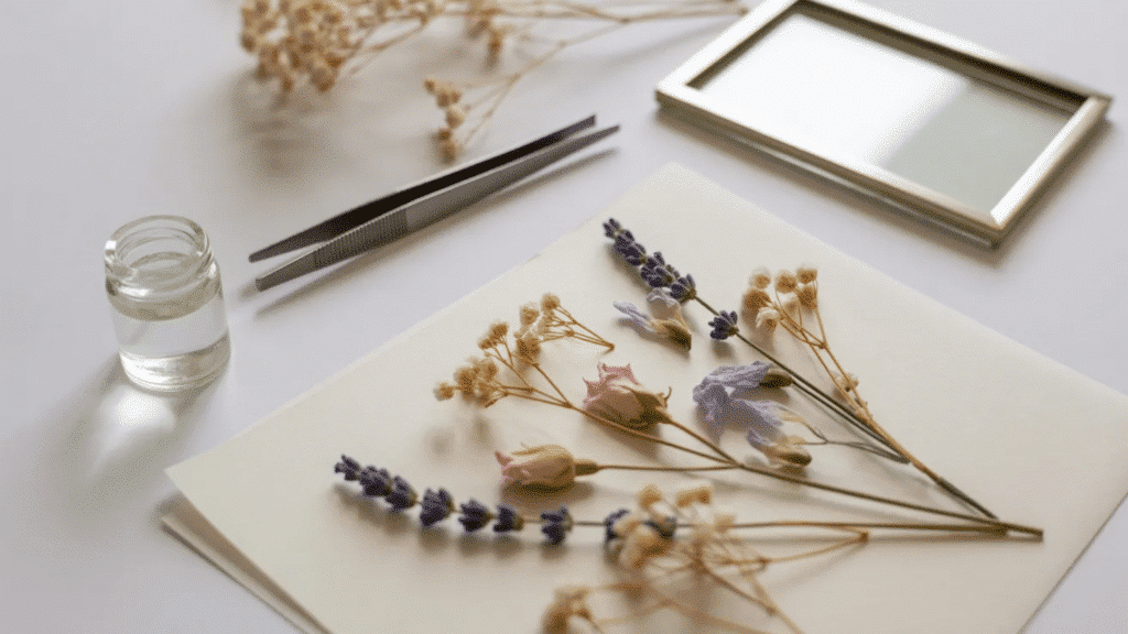 flat lay of pressed flowers arranged on soft neutral paper with tweezers, a small glass jar, and an open frame nearby, creating a delicate, minimalist botanical art scene in gentle natural light