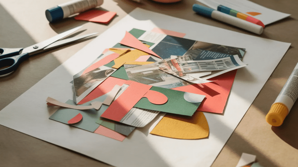 flat lay of scrap paper collage art in progress with layered colorful paper pieces and magazine cutouts on a base sheet,