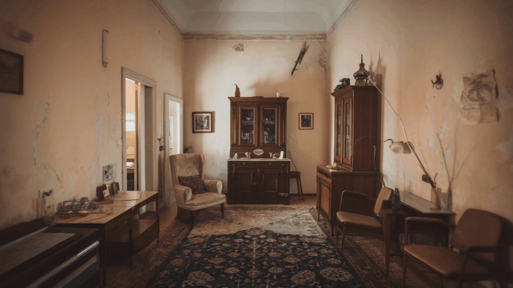 flat paint applied on older home interior walls covering patched and repaired surface areas with a smooth matte finish in warm lighting