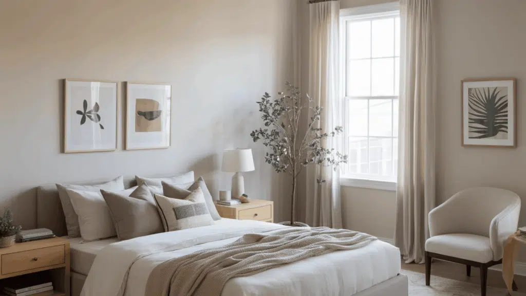 flat paint on bedroom walls in a soft neutral matte finish inside a calm low-traffic adult bedroom with natural window lighting