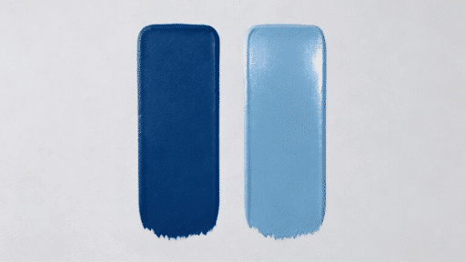 flat vs eggshell paint swatches showing matte dark blue and soft sheen light blue finishes on a wall surface