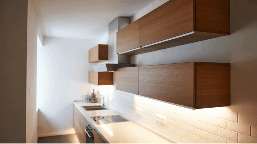 floating cabinets in a galley kitchen creating an open and airy feeling.