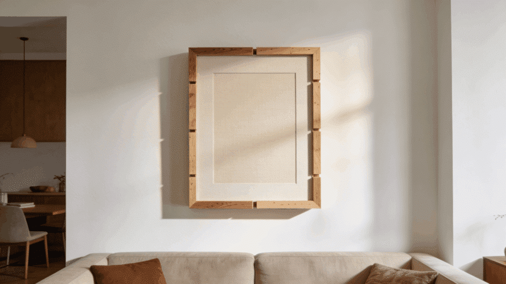 floating canvas diy photo frame mounted on white wall in modern living room with natural light