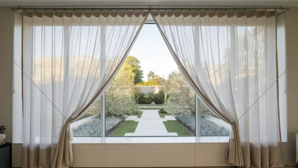 _floor to ceiling sheer beige curtains hung on a sleek ceiling mounted track, softly parted to frame a large window with a symmetrical garden view