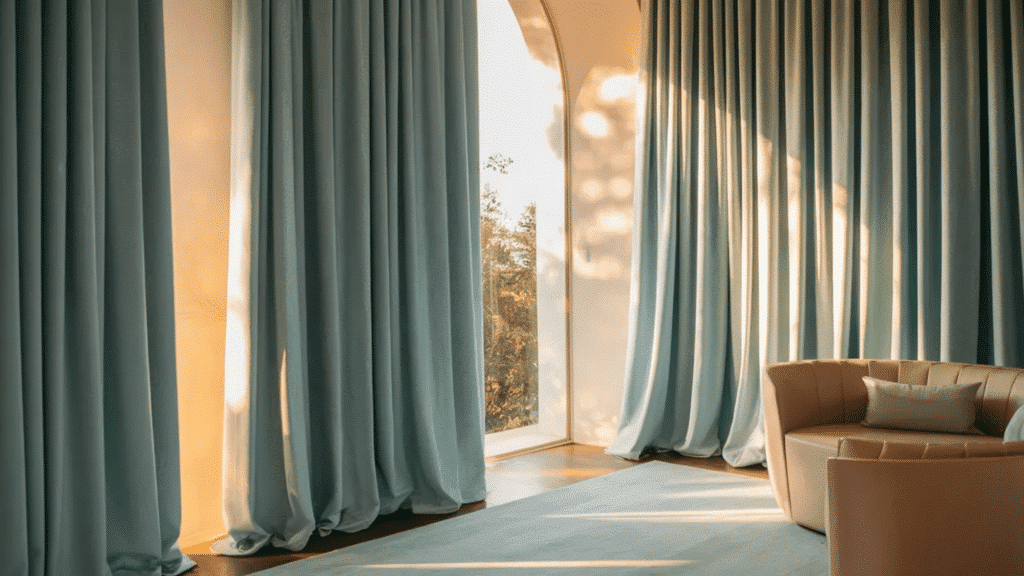 floor to ceiling soft blue curtains frame a tall arched window, with warm sunlight streaming in and illuminating a curved beige sofa and light rug in a serene living space