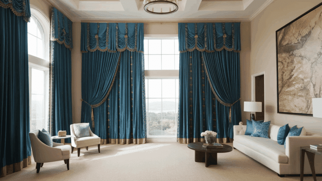 floor-to-ceiling statement drapes installed near the ceiling, creating a dramatic, elegant look in a spacious living room