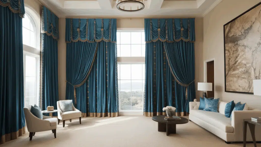 floor-to-ceiling statement drapes installed near the ceiling, creating a dramatic, elegant look in a spacious living room