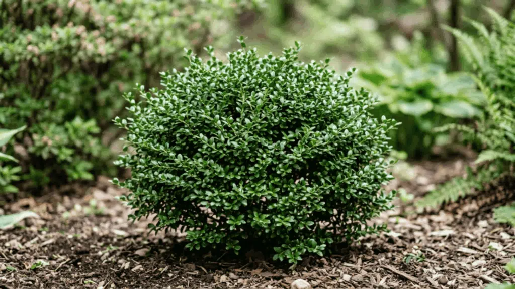 focused japanese holly shrub with tiny glossy leaves compact shape in soft shade plant fully visible not cut from above with clear detail and smooth blurred background