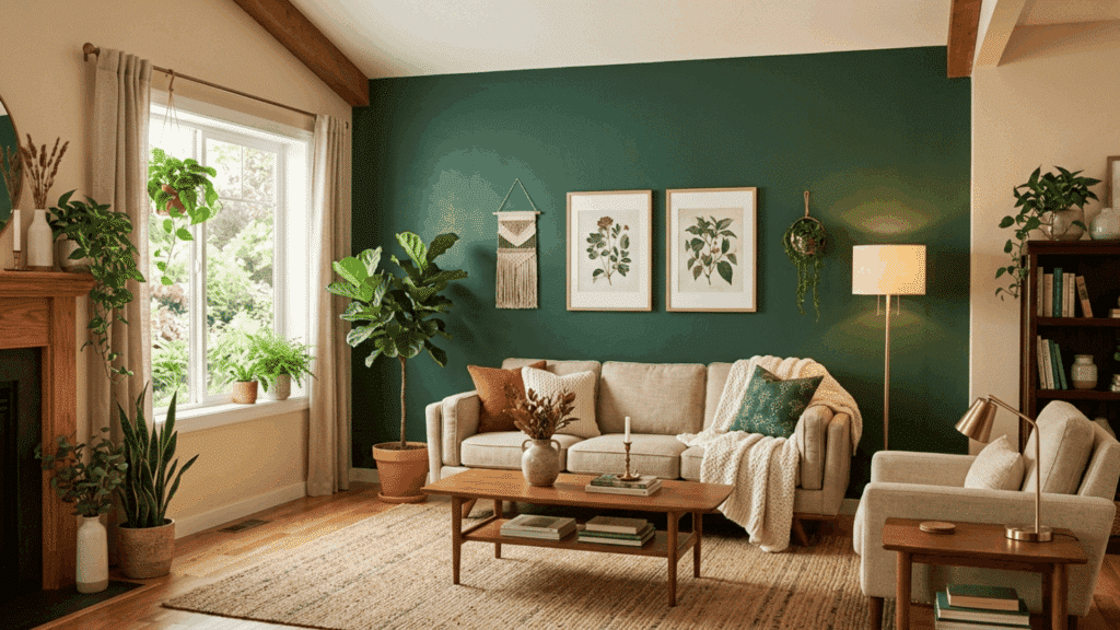 forest green accent wall with plants, beige sofa, and cozy natural decor.