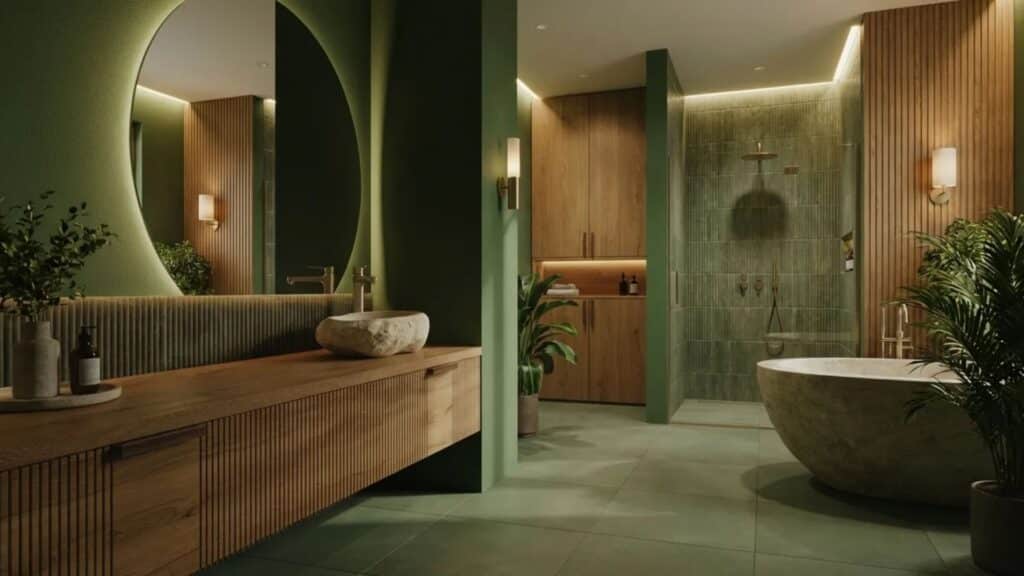 forest green bathroom with oak vanity, stone sink and tub, green tiled shower, and warm lighting