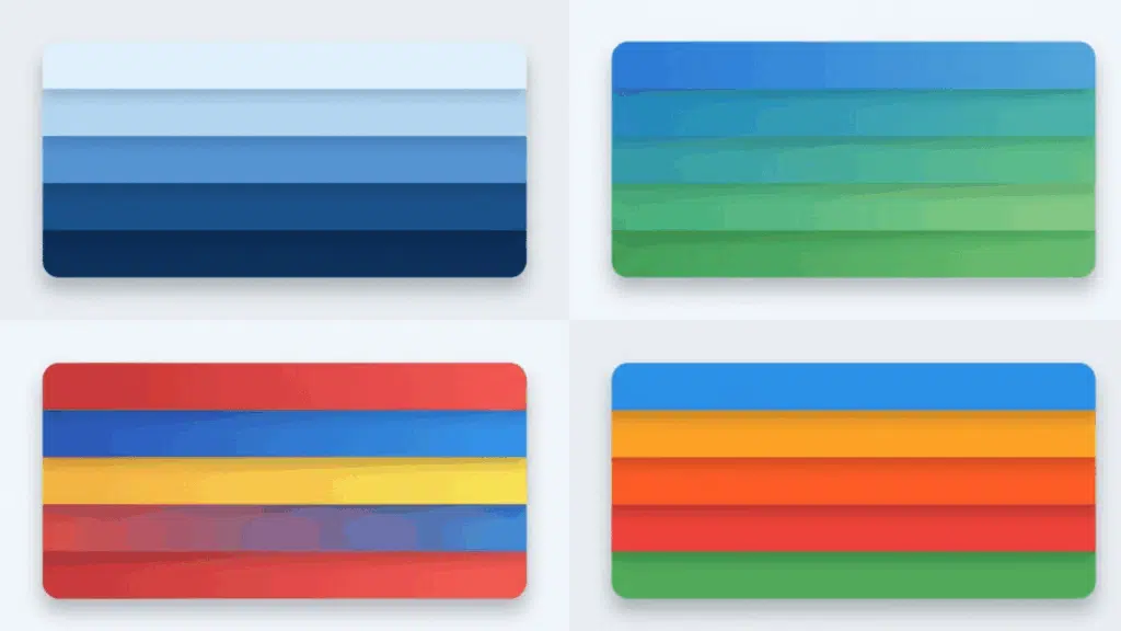 four color palette cards showing monochromatic analogous triadic and tetradic stripe color schemes in grid layout
