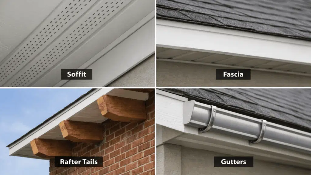 four panel roof eave collage showing soffit, fascia, rafter tails and gutters in close-up labeled sections