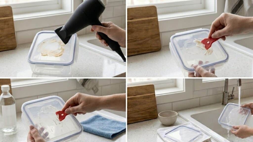 four-step guide Heating residue with a hair dryer, scraping it off, scrubbing with alcohol, and rinsing clean