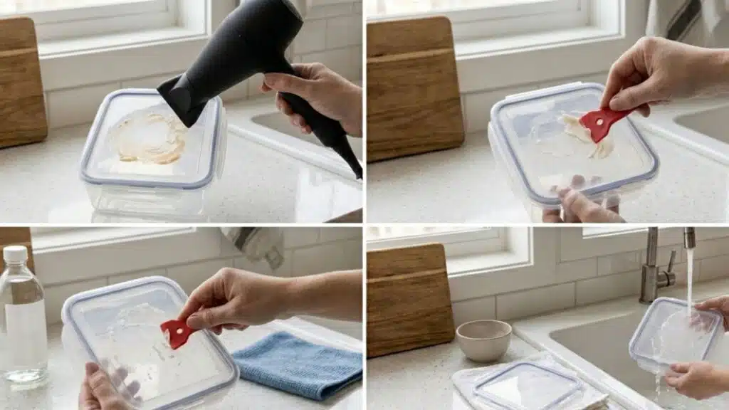 four-step guide Heating residue with a hair dryer, scraping it off, scrubbing with alcohol, and rinsing clean