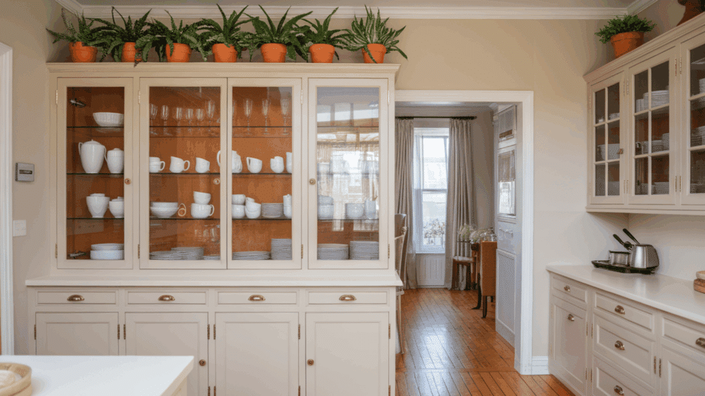 framed cabinet door with a glass center panel to display dishware and add visual depth.