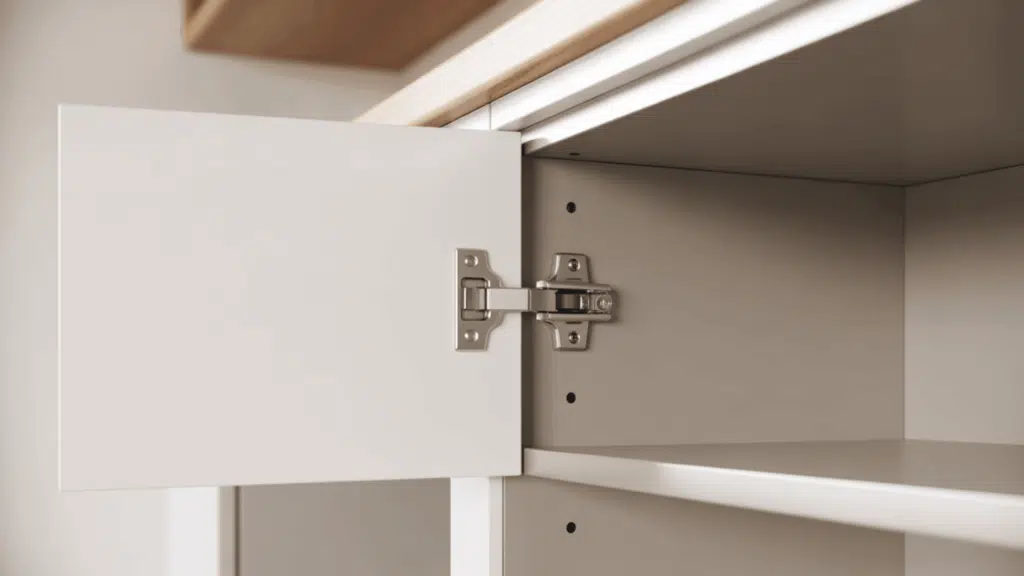 frameless cabinet hinge installed inside an open white modern cabinet box showing the hinge attached directly with no face frame