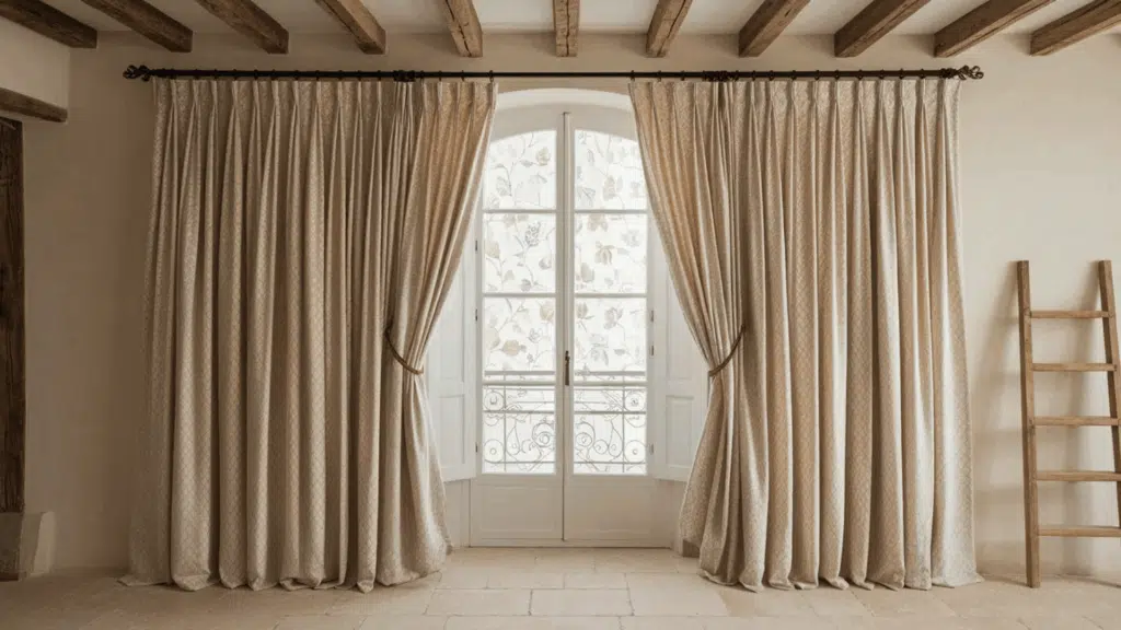 french country pleated curtains in soft linen, hanging gracefully in a cozy farmhouse-style dining room
