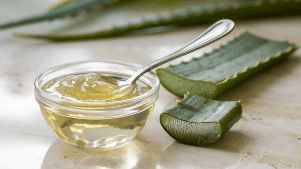 fresh aloe vera gel in a small glass bowl with a spoon and a sliced aloe vera leaf placed beside it on a light marble surface