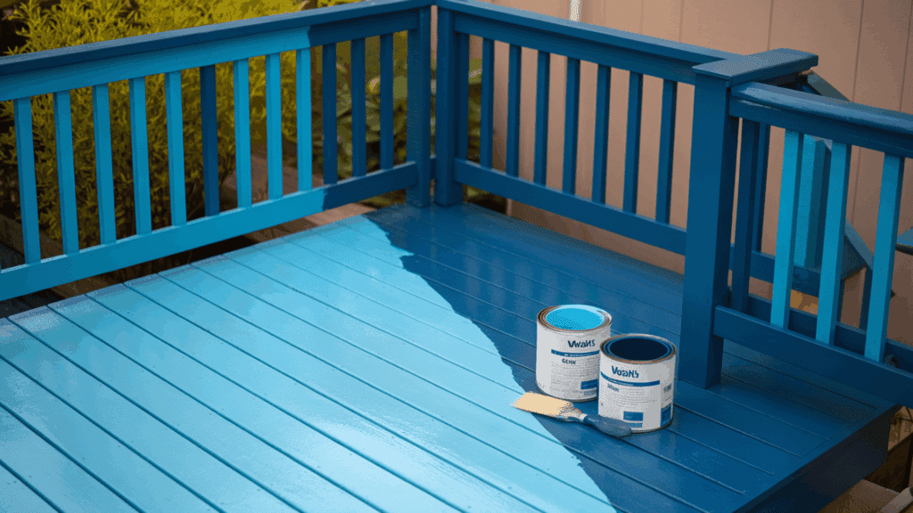 fresh blue water-based paint applied on wooden deck boards with paint cans and brush placed on the surface.
