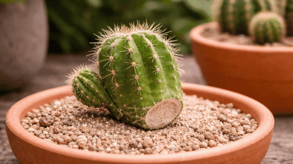 fresh cactus cutting drying on soil to form callus.