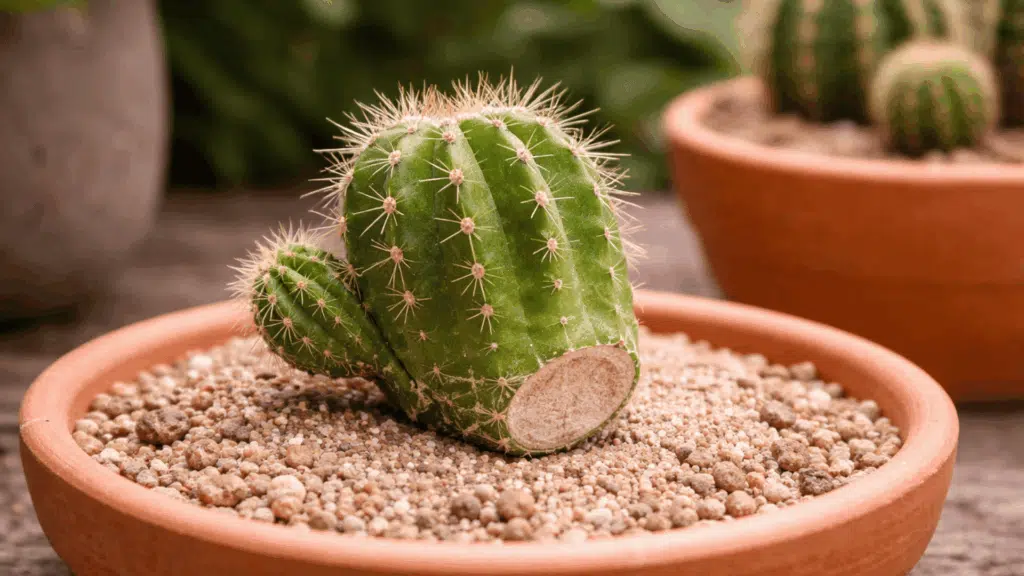 fresh cactus cutting drying on soil to form callus.