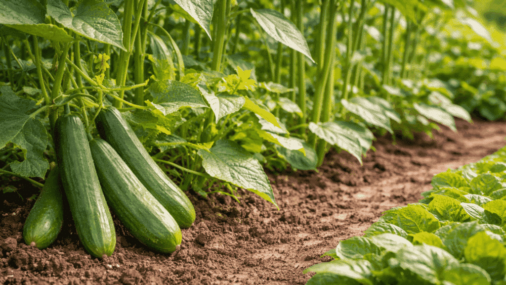 fresh cucumbers and okra plants growing side by side in a vegetable garden