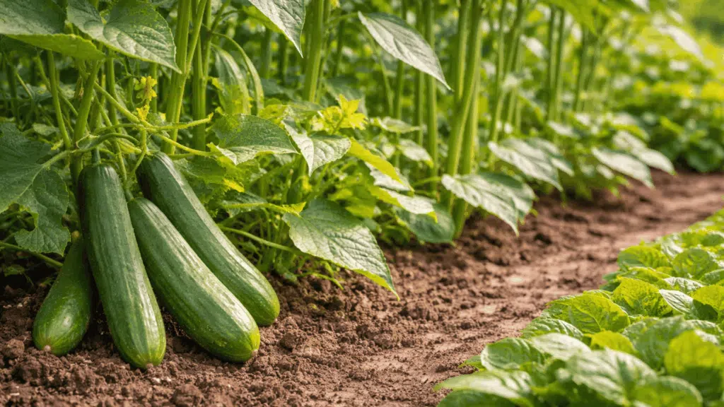 fresh cucumbers and okra plants growing side by side in a vegetable garden