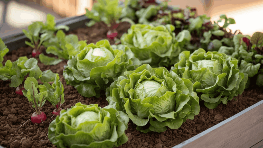 fresh green lettuce and red radishes growing together in a raised garden bed showing an efficient and space saving companion planting combination