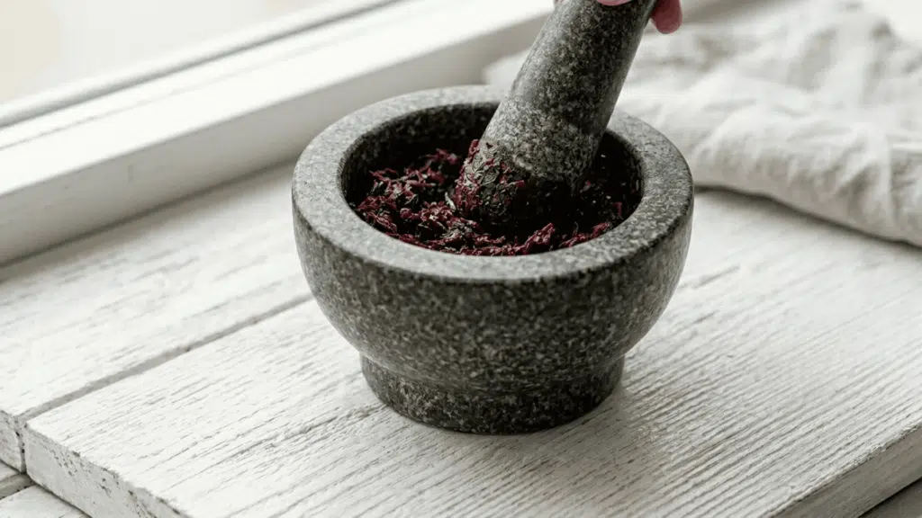 fresh hibiscus petals being ground into a dark paste in a stone mortar and pestle placed on a white wooden surface with a linen cloth beside it