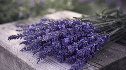 freshly cut lavender stems arranged on a wooden surface ready for drying at home to preserve fragrance and color