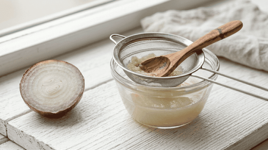 freshly extracted onion juice in a glass bowl with a fine strainer on top and a halved onion placed beside it on a wooden surface