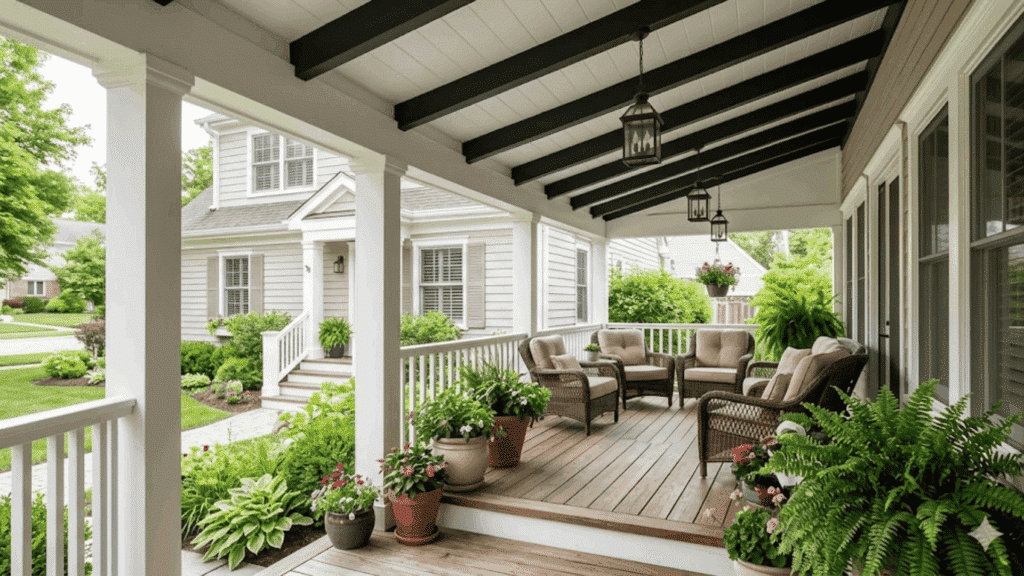 front porch with black painted wood beams on a white ceiling, wicker seating area, white columns, railing, and lush potted plants.