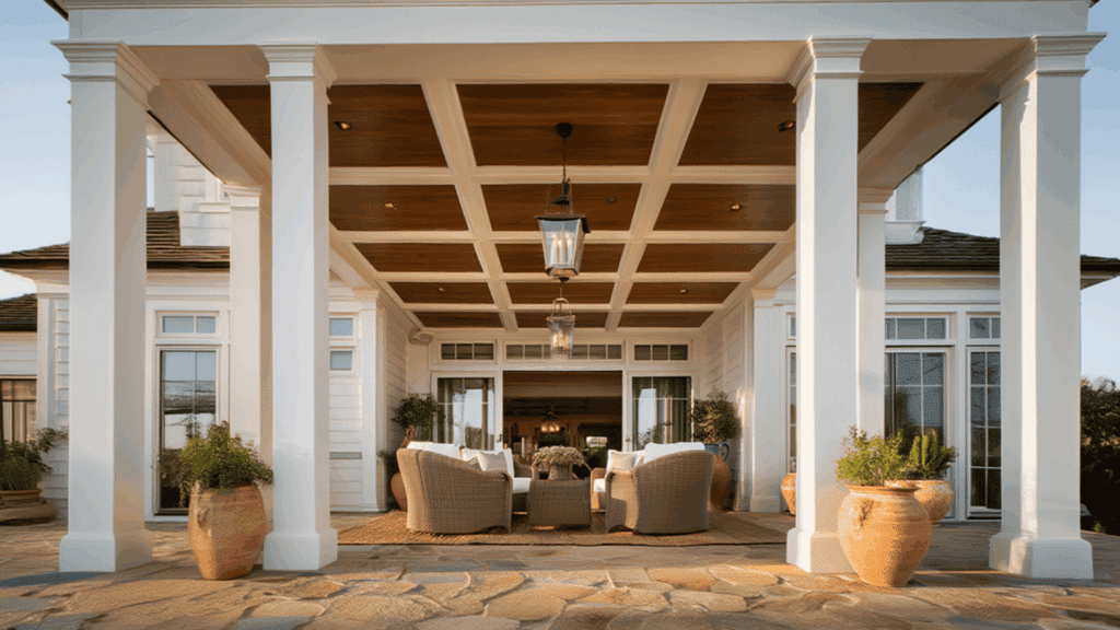 front porch with coffered wood ceiling, white beams and columns, hanging lantern lights, outdoor seating area, and large potted plants.