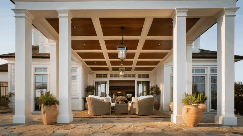 front porch with coffered wood ceiling, white beams and columns, hanging lantern lights, outdoor seating area, and large potted plants.