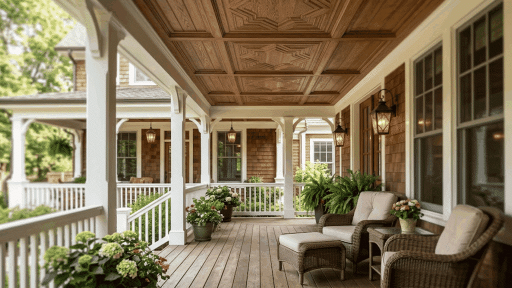 front porch with decorative patterned ceiling panels, white columns and railings, wicker seating, hanging lantern lights, and potted flowers.
